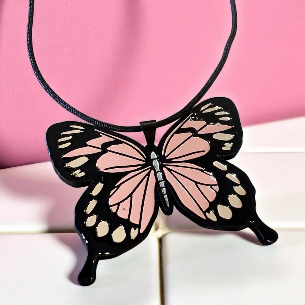 Chic Black Rose Gold and Gold Toned Wrap Butterfly Pendant Necklace - Picture 6 of 17